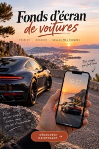 Un écran de smartphone affichant un fond d'écran de voiture stylisé, illustrant la passion pour l'automobile.