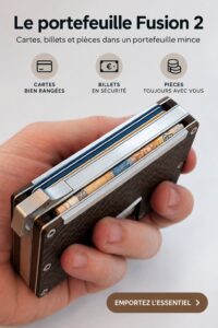 Femme utilisant le Fusion Wallet 2 dans un cadre urbain, portefeuille moderne et pratique en main.