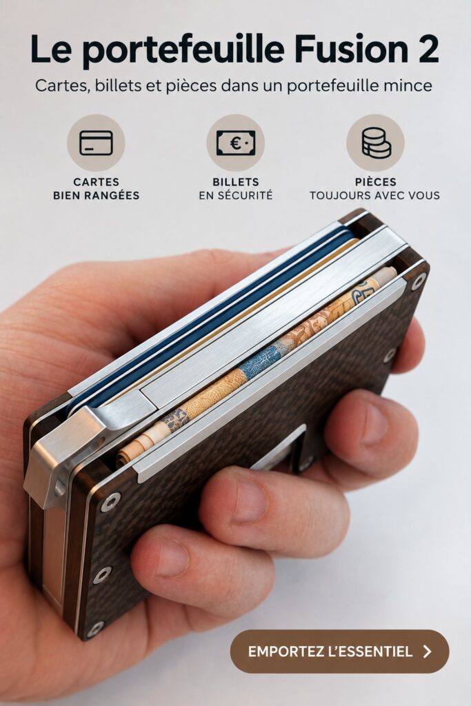 Femme utilisant le Fusion Wallet 2 dans un cadre urbain, portefeuille moderne et pratique en main.