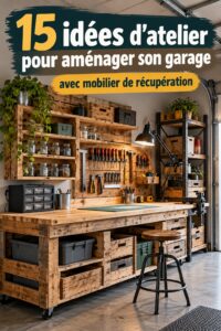 Un garage aménagé en man cave avec une table basse en pneus récupérés et une décoration chaleureuse.