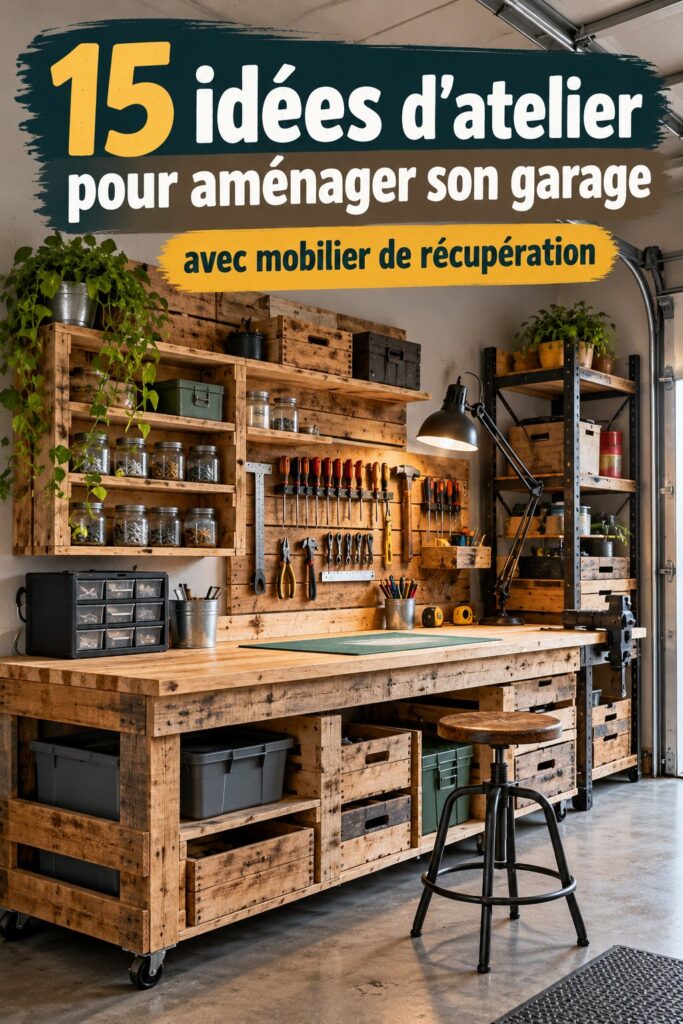 Un garage aménagé en man cave avec une table basse en pneus récupérés et une décoration chaleureuse.
