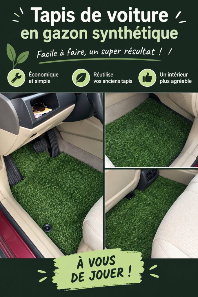 Un tapis de gazon synthétique installé dans l'intérieur d'une voiture, ajoutant une touche moderne.
