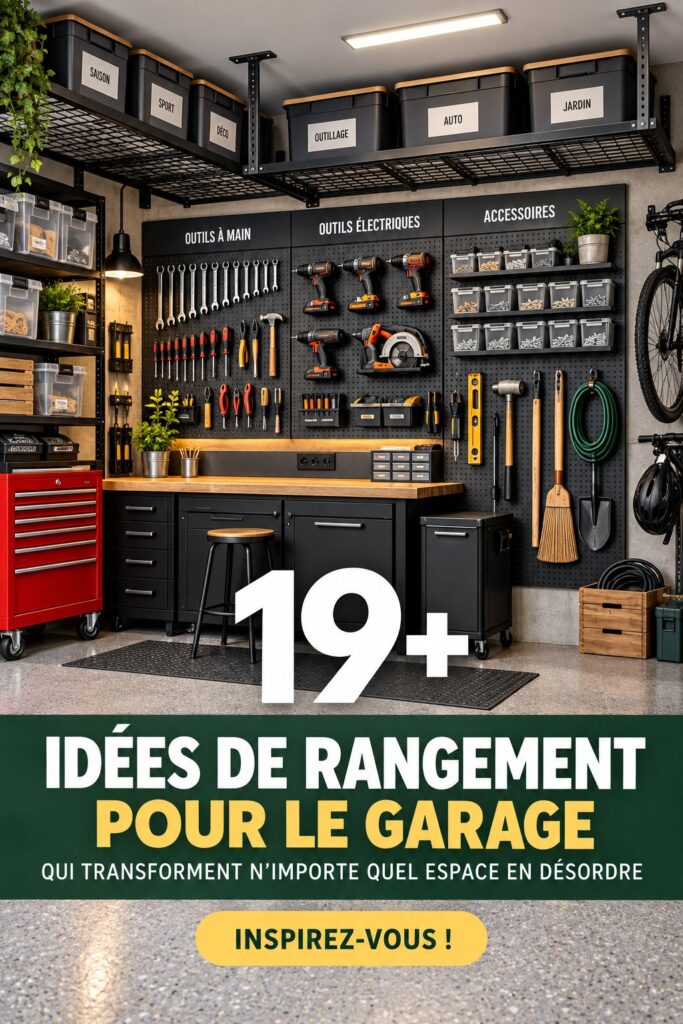 Un garage bien organisé avec des étagères et des accessoires de rangement pratiques.