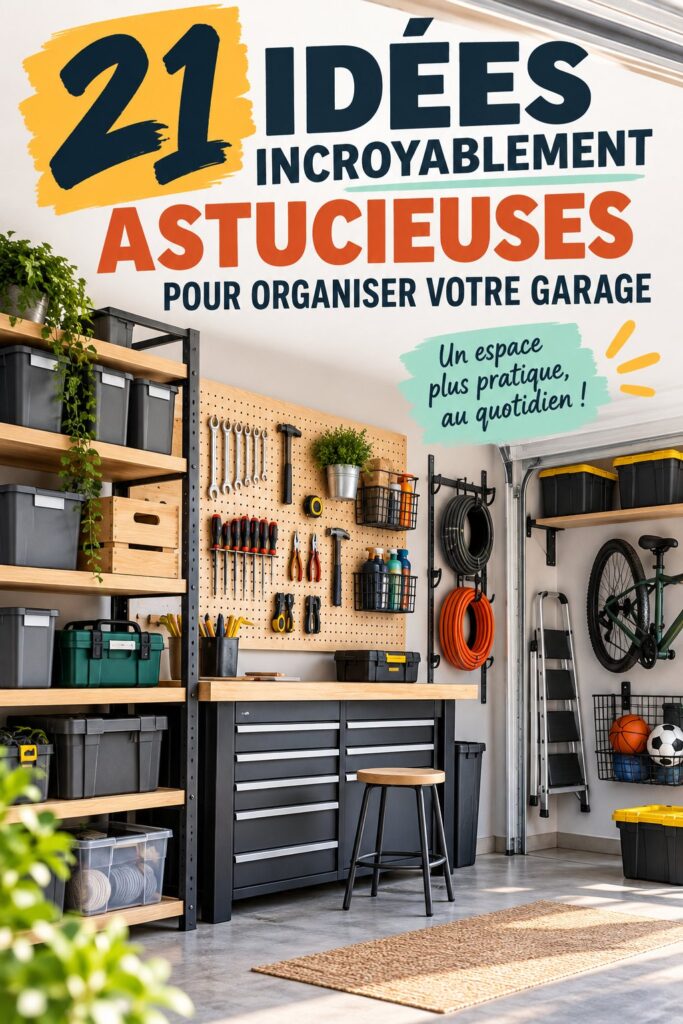 Garage bien organisé avec des étagères et des outils rangés.