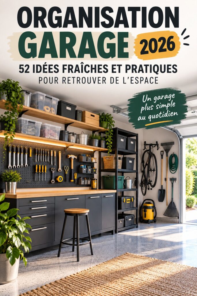 Garage organisé avec des étagères et des bacs de rangement pour une ambiance fonctionnelle.