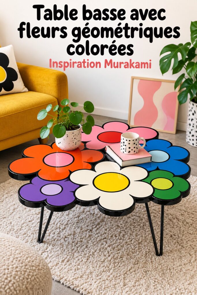 Personnalisation de véhicule avec des fleurs Murakami sur la table de voiture.