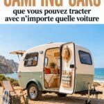 Un petit camping-car tracté par une voiture en pleine nature.