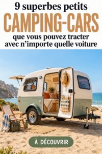 Un petit camping-car tracté par une voiture en pleine nature.