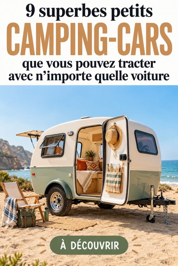 Un petit camping-car tracté par une voiture en pleine nature.
