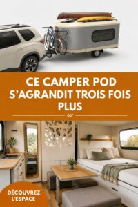 Pod de camping extensible déployé en pleine nature, montrant son espace intérieur confortable.