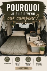 Une femme souriante à côté de sa voiture de camping entourée de la nature.