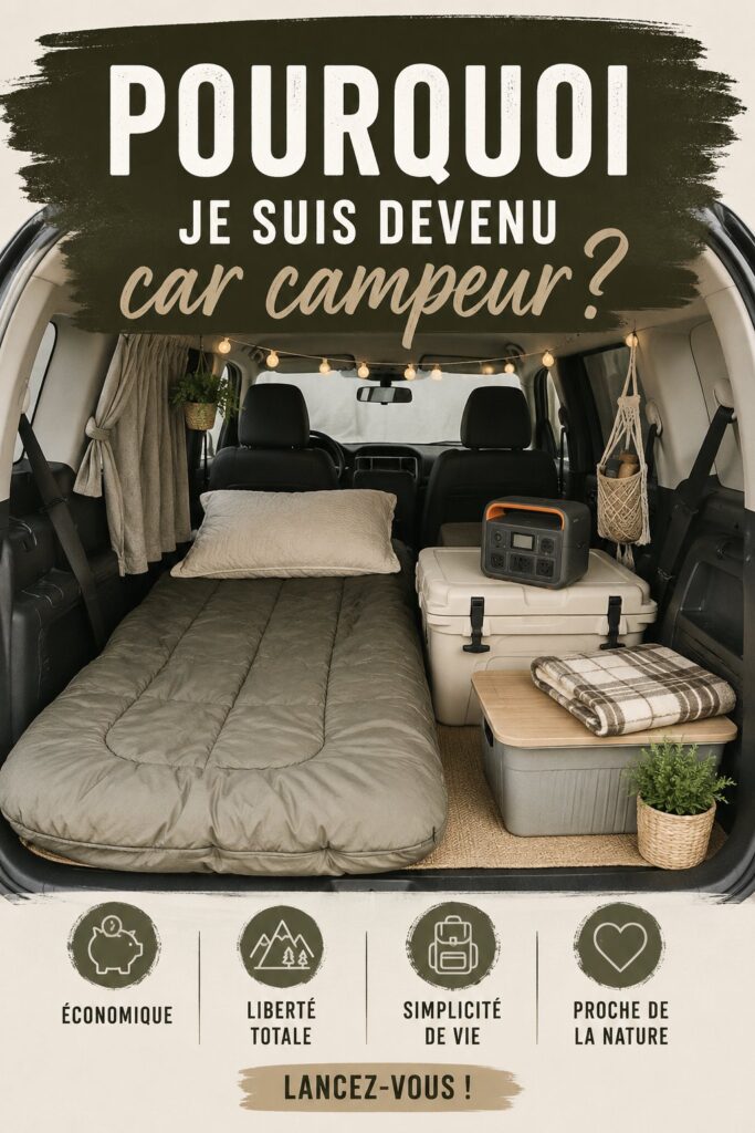 Une femme souriante à côté de sa voiture de camping entourée de la nature.