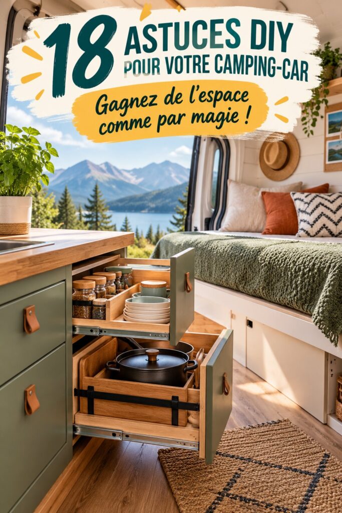 Aperçu d'un camping-car bien rangé avec des solutions de rangement créatives.
