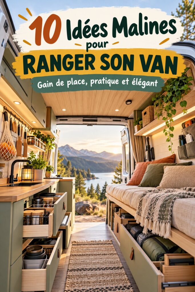 Intérieur d'un van aménagé avec des solutions de rangement pratiques et esthétiques.