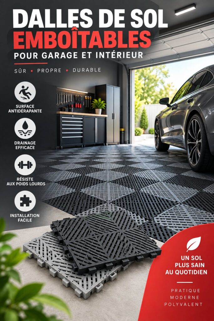 Dalles de sol modernes et anti-dérapantes dans un garage bien aménagé.