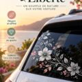 Sticker floral élégant sur une vitre de voiture portant une esthétique boho.
