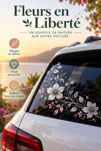 Sticker floral élégant sur une vitre de voiture portant une esthétique boho.
