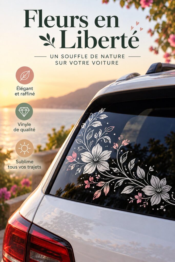 Sticker floral élégant sur une vitre de voiture portant une esthétique boho.