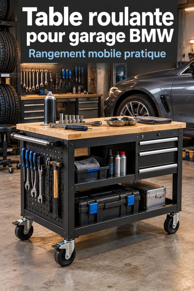 Table unique en jante de BMW dans un garage moderne