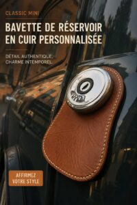 Tablier en cuir personnalisé pour Classic Mini garée dans un garage.