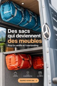 Un van aménagé avec des sacs transformés en rangements pratiques.