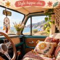Intérieur de voiture décoré dans un style bohème avec des couleurs vives et des accessoires artisanaux