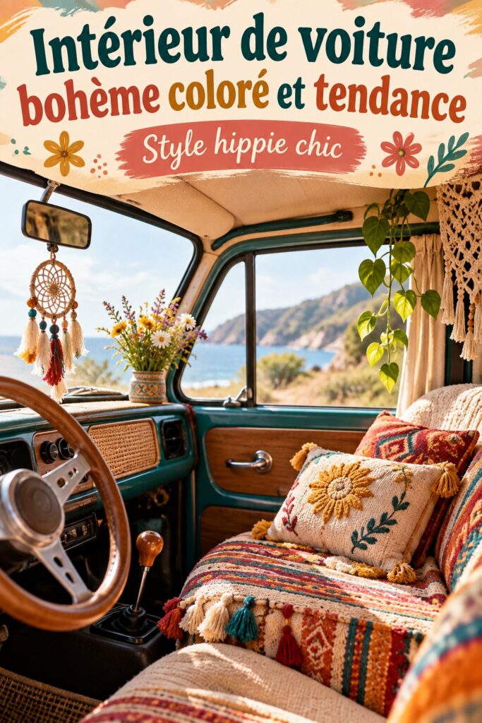 Intérieur de voiture décoré dans un style bohème avec des couleurs vives et des accessoires artisanaux