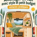 Aménagement intérieur d'un van avec décor chaleureux et budget réduit.