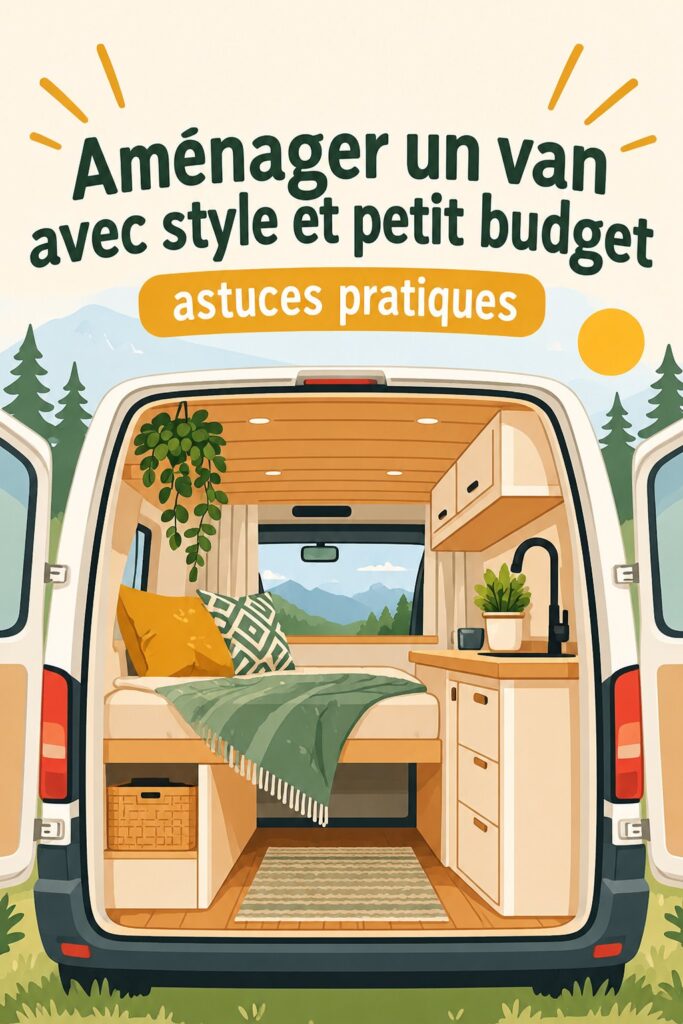 Aménagement intérieur d'un van avec décor chaleureux et budget réduit.