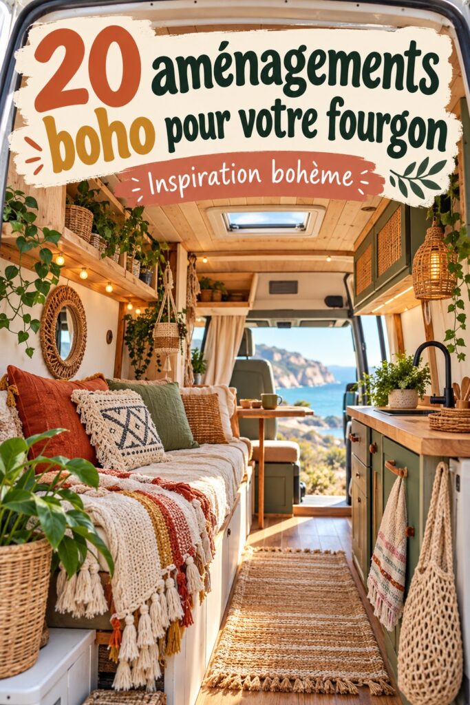 Intérieur boho chaleureux et élégant d'un fourgon aménagé