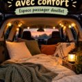 Aménagement chaleureux de l'arrière d'une voiture avec des coussins et des couvertures.