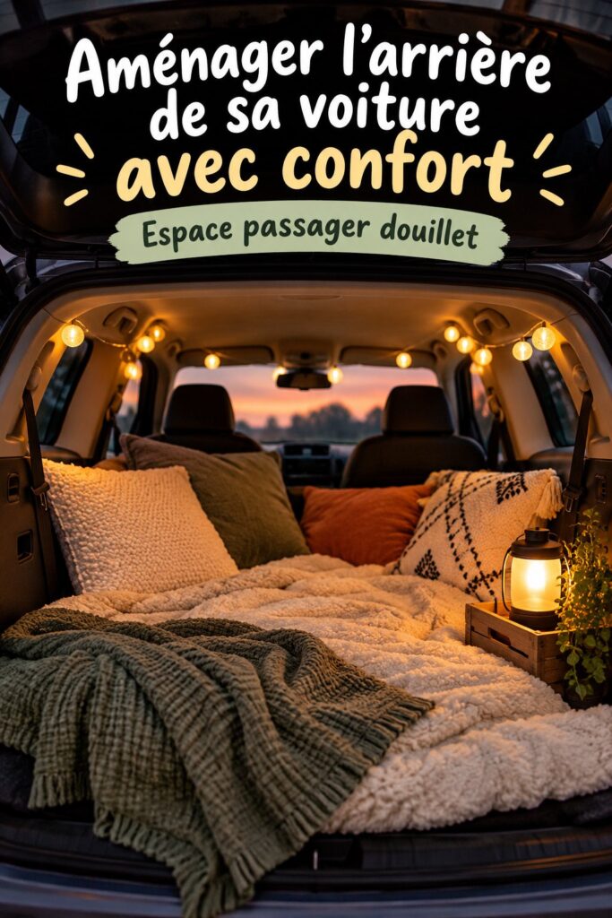 Aménagement chaleureux de l'arrière d'une voiture avec des coussins et des couvertures.