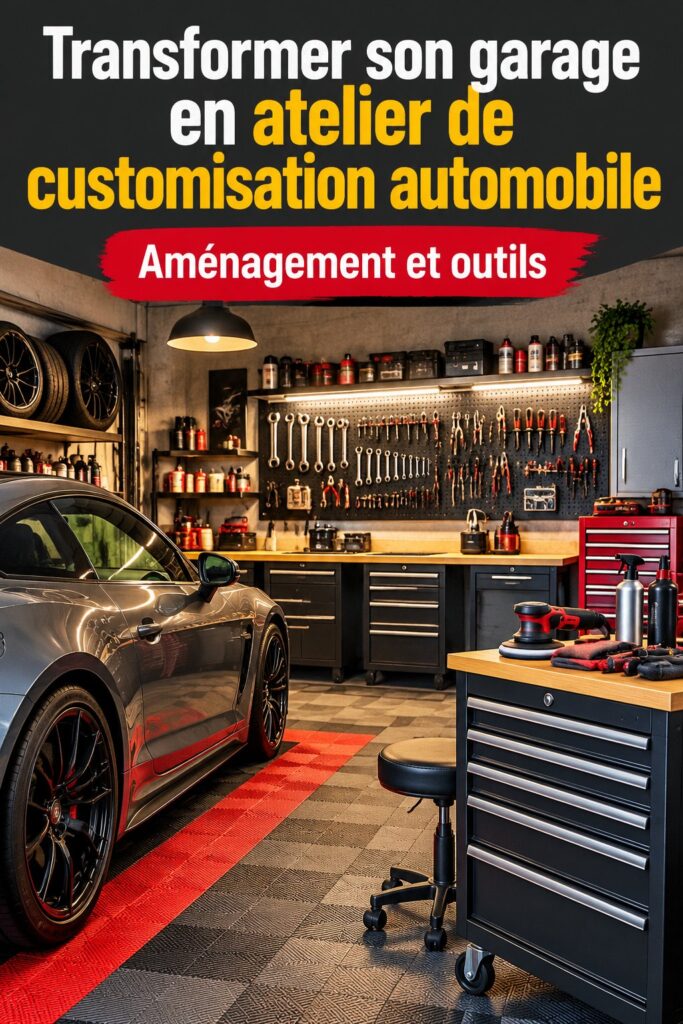 Un garage transformé en atelier de customisation automobile avec des outils et matériaux bien organisés.