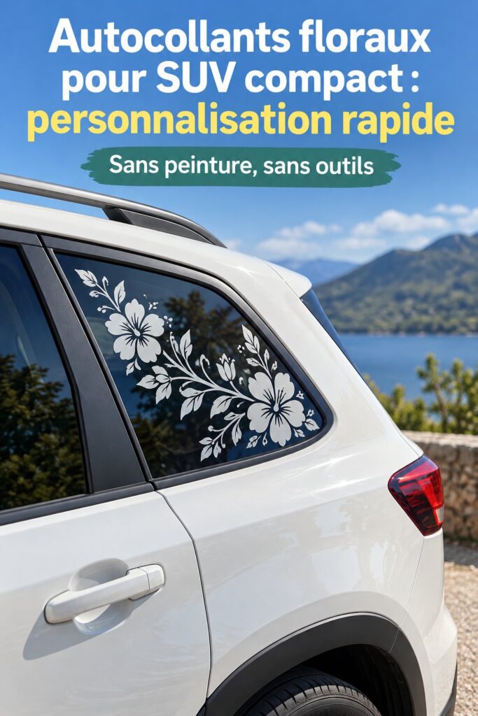 SUV compact décoré avec des autocollants floraux colorés.