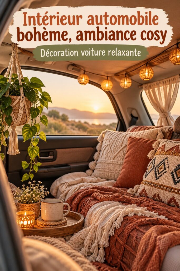 Intérieur cosy d'une voiture décorée dans un style boho chic, avec des coussins et des tissus naturels.