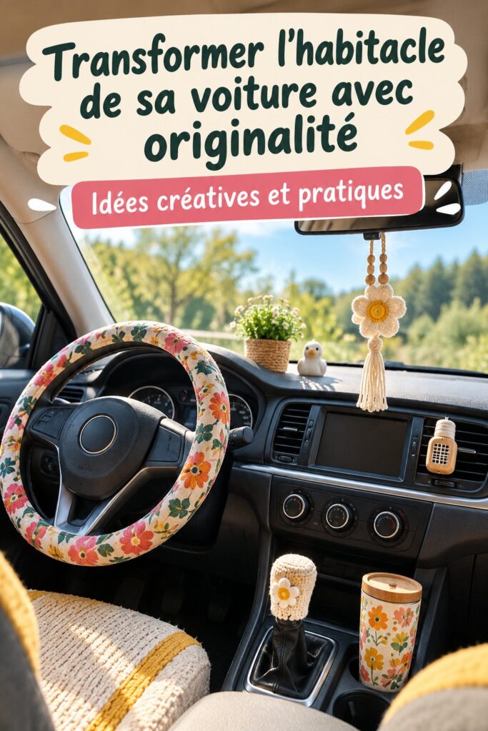 Intérieur de voiture décoré avec des éléments personnalisés et chaleureux.