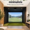 Salle de simulateur de golf élégamment décorée avec des accessoires minimalistes.