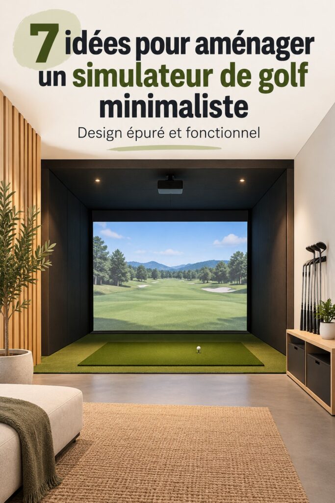 Salle de simulateur de golf élégamment décorée avec des accessoires minimalistes.