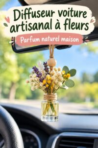 Diffuseur de fleurs artisanal posé sur le tableau de bord d'une voiture.