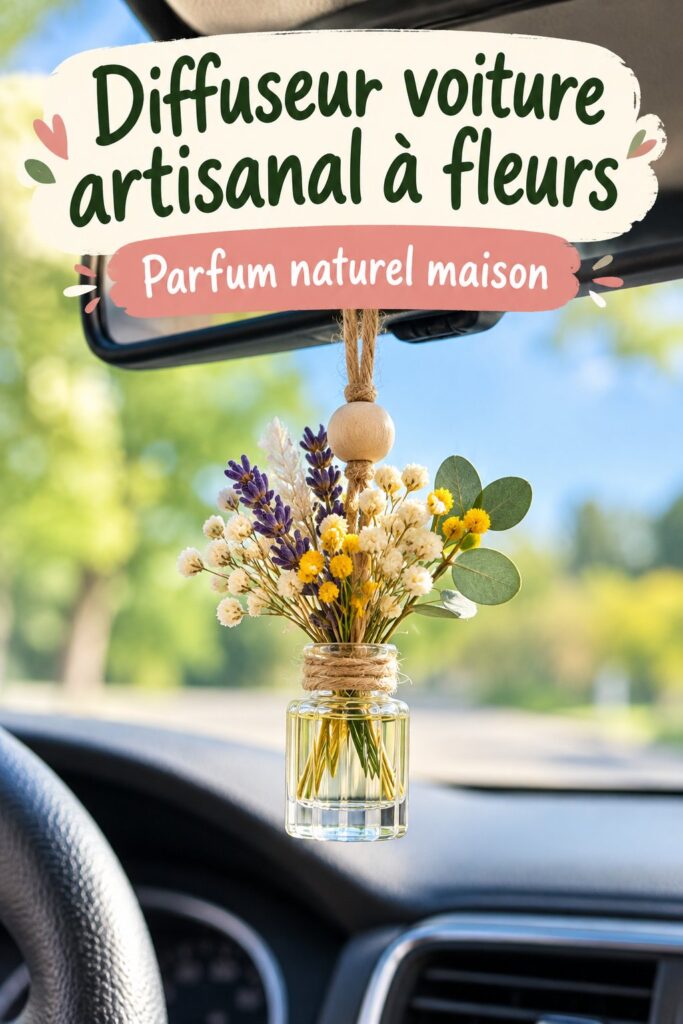 Diffuseur de fleurs artisanal posé sur le tableau de bord d'une voiture.