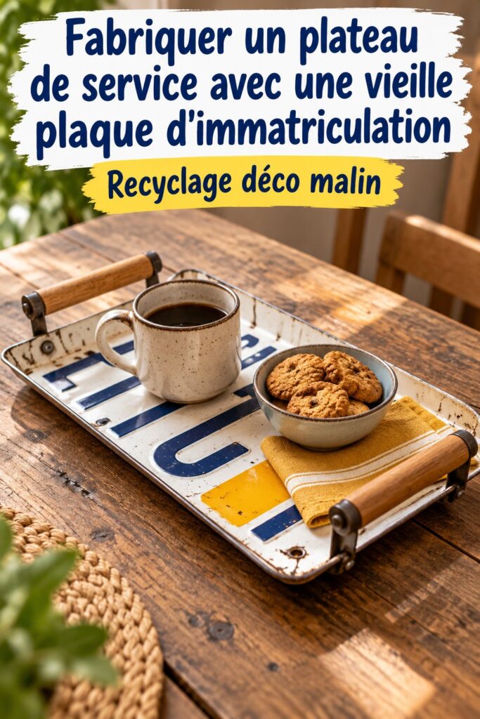 Un plateau de service fabriqué à partir d'une plaque d'immatriculation, posé sur une table en bois