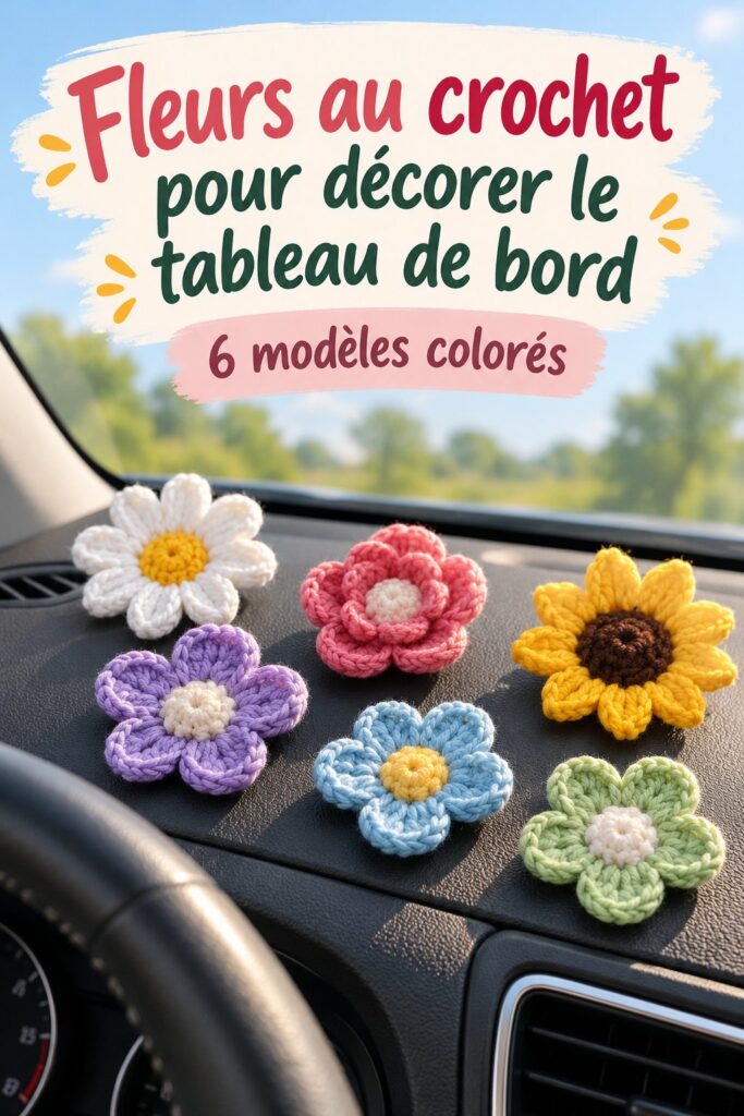 Fleurs au crochet colorées posées sur un tableau de bord de voiture, ajoutant une touche décorative.
