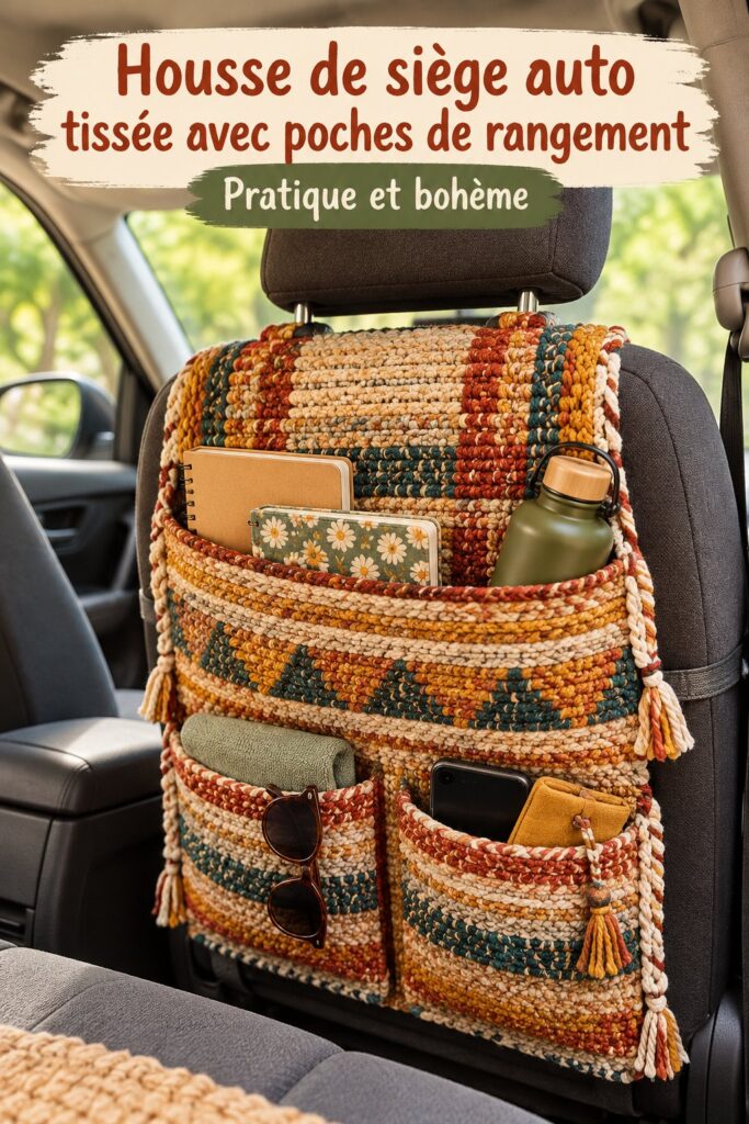 Housse de siège auto tissée avec poches de rangement dans une voiture