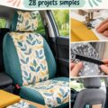 Une femme souriante fabriquant des housses de siège auto colorées
