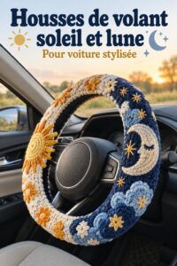 Housse de volant soleil et lune installée dans une voiture beige