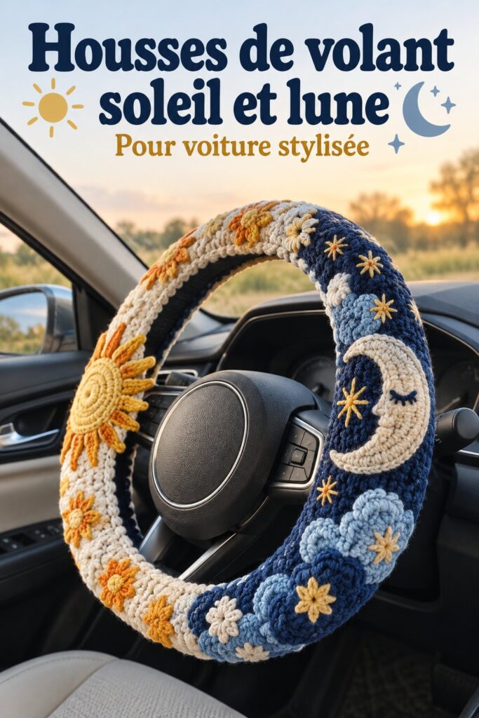 Housse de volant soleil et lune installée dans une voiture beige