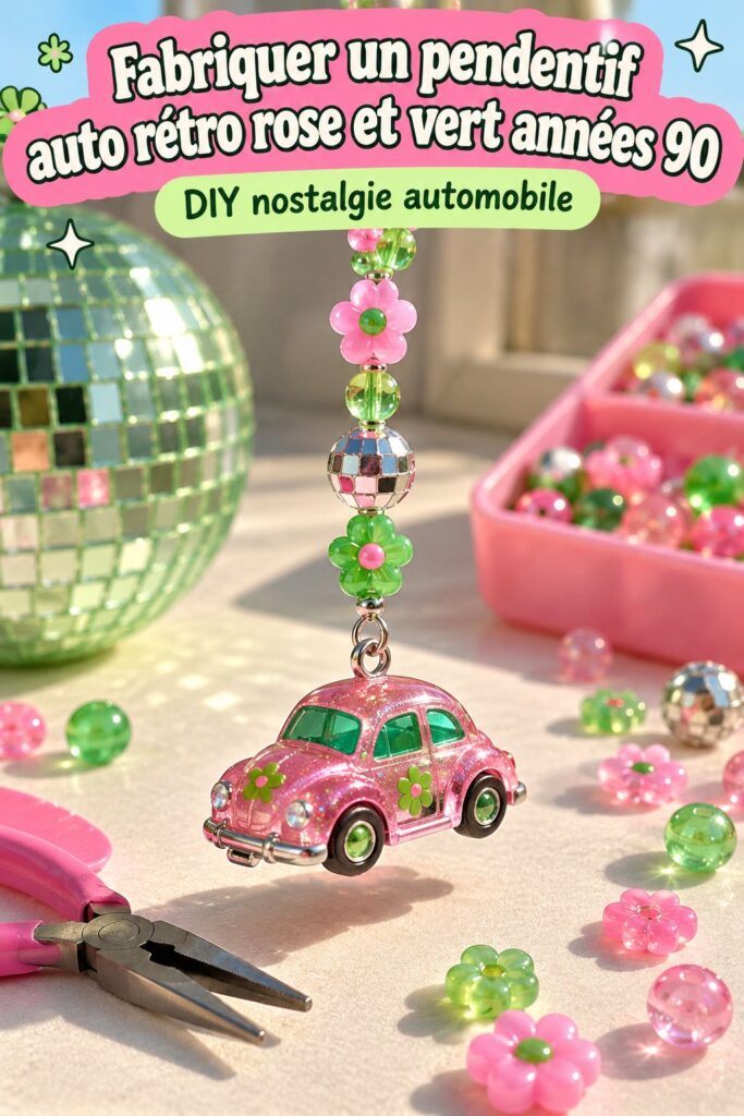 Pendentif auto rétro en rose et vert accroché au rétroviseur