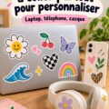 Stickers adhésifs colorés pour personnalisation automobile sur un fond pastel.