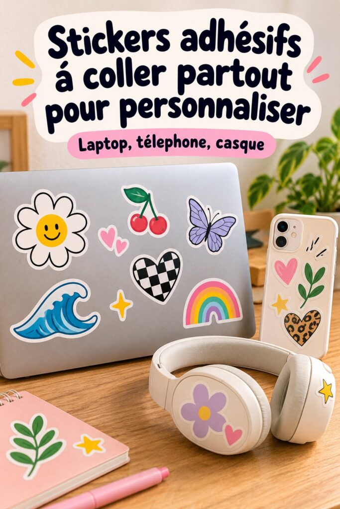 Stickers adhésifs colorés pour personnalisation automobile sur un fond pastel.