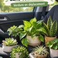 Plantes colorées disposées sur le tableau de bord d'une voiture, créant une atmosphère accueillante.